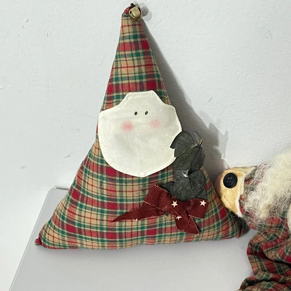 Vintage Santa Doll & Pillow Set Unisex OS Red Green Plaid Primitive Folk Art
